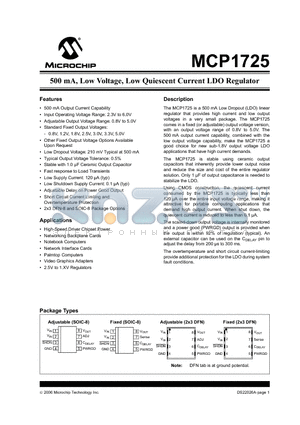 MCP1725T-3302E/SN datasheet - 500 mA, Low Voltage, Low Quiescent Current LDO Regulator