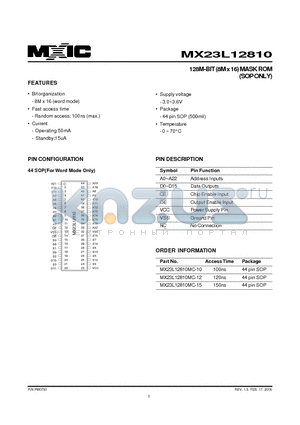 MX23L12810MC-10 datasheet - 128M-BIT (8M x 16) MASK ROM (SOP ONLY)