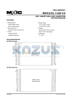 MX23L12810TC-10 datasheet - NEW 128M-BIT (16M x 8 / 8M x 16) MASK ROM FOR TSOP PACKAGE