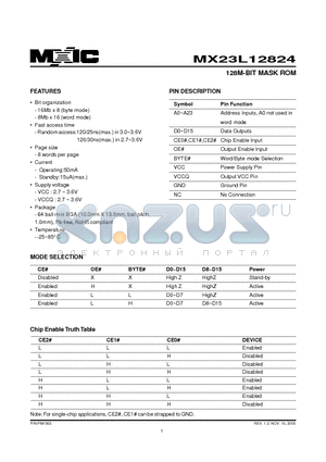 MX23L12824 datasheet - 128M-BIT MASK ROM