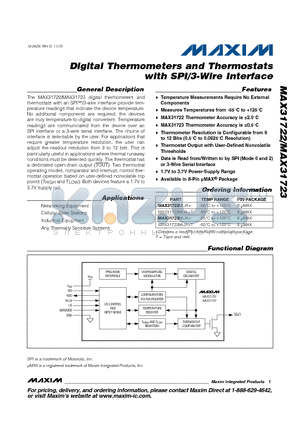 MAX31722MUA+ datasheet - Digital Thermometers and Thermostats with SPI/3-Wire Interface