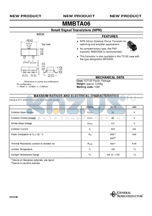 MMBTA06 datasheet - Small Signal Transistors (NPN)