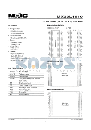 MX23L1610MC-70 datasheet - 3.3 Volt 16-Mbit (2M x 8 / 1M x 16) Mask ROM