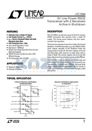 LTC1384CN datasheet - 5V Low Power RS232 Transceiver with 2 Receivers Active in Shutdown