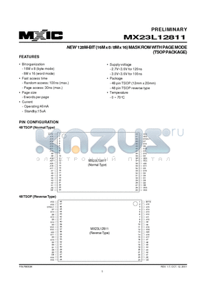 MX23L12811TC-10 datasheet - NEW 128M-BIT (16M x 8 / 8M x 16) MASK ROM WITH PAGE MODE(TSOP PACKAGE)