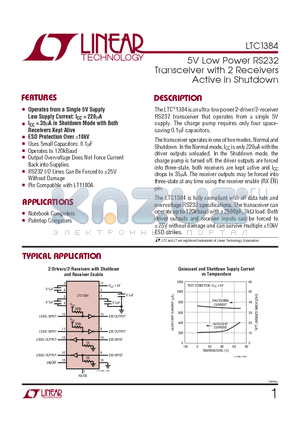 LTC1384CN datasheet - 5V Low Power RS232 Transceiver with 2 Receivers Active in Shutdown