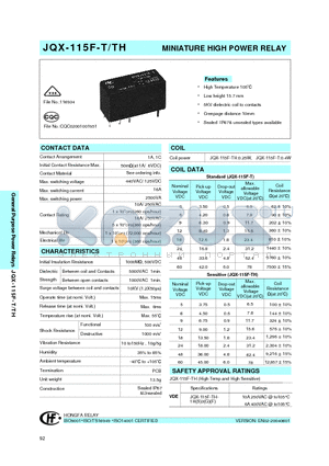 JQX-115F-T0051HNIL3NIL datasheet - MINIATURE HIGH POWER RELAY