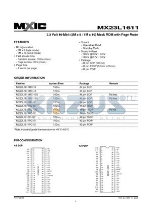 MX23L1611TC-10G datasheet - 3.3 Volt 16-Mbit (2M x 8 / 1M x 16) Mask ROM with Page Mode