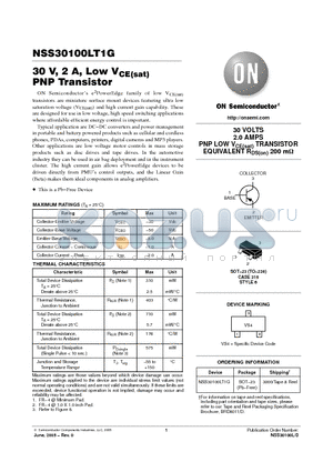 NSS30100LT1G datasheet - 30 V, 2 A, Low Vce(sat) PNP Transistor