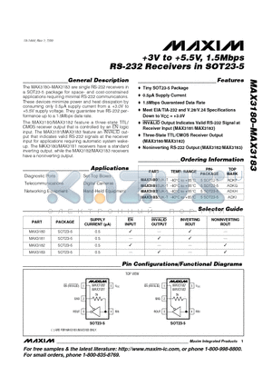 MAX3180EUK-T datasheet - 3V to 5.5V, 1.5Mbps RS-232 Receivers in SOT23-5