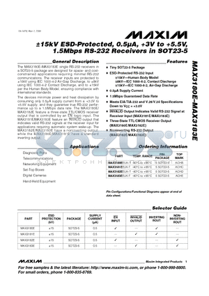 MAX3181EEUK-T datasheet - -15kV ESD-Protected, 0.5UA, 3V to 5.5V, 1.5Mbps RS-232 Receivers in SOT23-5