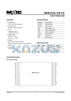 MX23L1614-70 datasheet - 16M-BIT MASK ROM