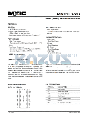 MX23L1651MC-50G datasheet - 16M-BIT [16M x 1] CMOS SERIAL MASK-ROM
