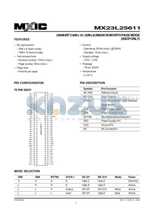 MX23L25611MC-10 datasheet - 256M-BIT (16M x 16 / 32M x 8) MASK ROM WITH PAGE MODE (SSOP ONLY)