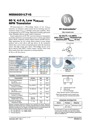NSS60201LT1G datasheet - 60 V, 4.0 A, Low VCE(sat) NPN Transistor