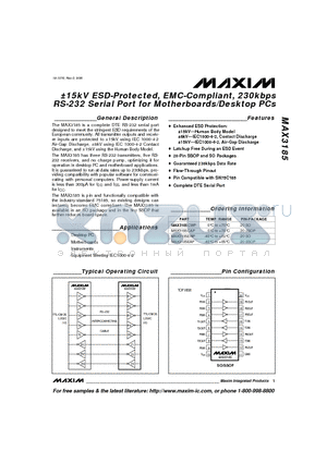 MAX3185CAP datasheet - a15kV ESD-Protected, EMC-Compliant, 230kbps RS-232 Serial Port for Motherboards/Desktop PCs