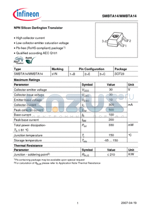 MMBTA14 datasheet - NPN Silicon Darlington Transistor High collector current Low collector-emitter saturation voltage