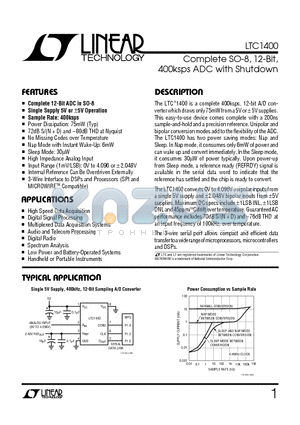 LTC1400IS8 datasheet - Complete SO-8, 12-Bit, 400ksps ADC with Shutdown