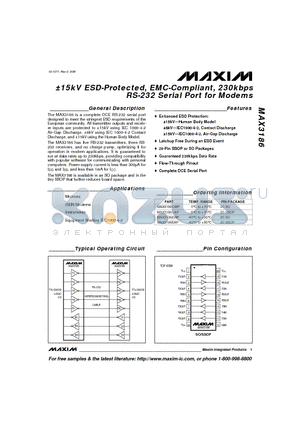 MAX3186CWP datasheet - a15kV ESD-Protected, EMC-Compliant, 230kbps RS-232 Serial Port for Modems