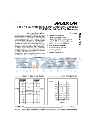 MAX3186EWP datasheet - a15kV ESD-Protected, EMC-Compliant, 230kbps RS-232 Serial Port for Modems