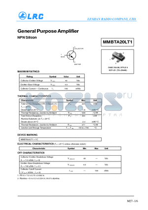 MMBTA20LT1 datasheet - General Purpose Amplifier (NPN Silicon)