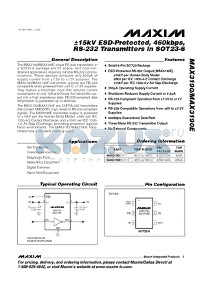 MAX3190E datasheet - a15kV ESD-Protected, 460kbps, RS-232 Transmitters in SOT23-6