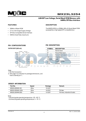 MX23L3254 datasheet - 32M-BIT Low Voltage, Serial Mask ROM Memory with 50MHz SPI Bus Interface