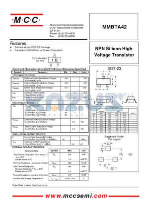 MMBTA42 datasheet - NPN Silicon High Voltage Transistor