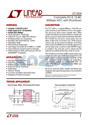 LTC1404CS8 datasheet - Complete SO-8, 12-Bit, 600ksps ADC with Shutdown