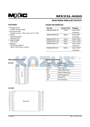 MX23L4000MI-20 datasheet - 4M-BIT MASK ROM (8 BIT OUTPUT)