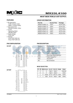 MX23L4100MC-12 datasheet - 4M-BIT MASK ROM (8/16 BIT OUTPUT)