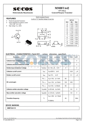 MMBTA42 datasheet - General Purpose Transistor