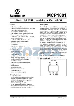 MCP1801T-2502I/OT datasheet - 150 mA, High PSRR, Low Quiescent Current LDO