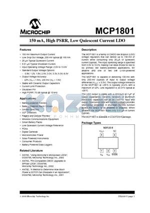 MCP1801T-6002I/OT datasheet - 150 mA, High PSRR, Low Quiescent Current LDO