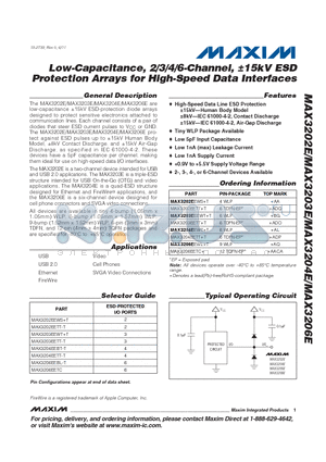 MAX3203EEWTT datasheet - Low-Capacitance, 2/3/4/6-Channel, 15kV ESD Protection Arrays for High-Speed Data Interfaces