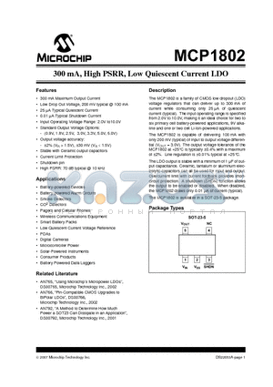 MCP1802T-0902I/OT datasheet - 300 mA, High PSRR, Low Quiescent Current LDO