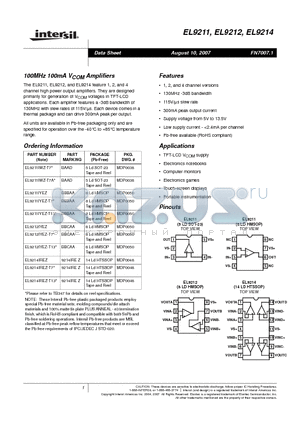 EL9211IWZ-T7 datasheet - 100MHz 100mA VCOM Amplifiers