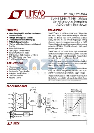 LTC1407IMSE datasheet - Serial 12-Bit/14-Bit, 3Msps Simultaneous Sampling Simultaneous Sampling