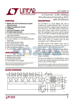 LTC1408-12 datasheet - 6 Channel, 12-Bit, 600ksps Simultaneous Sampling ADC with Shutdown