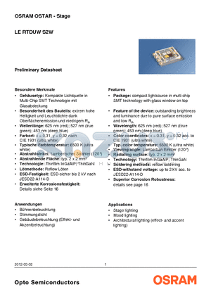 LE-RTDUWS-2W datasheet - compact lightsource in multi chip SMT technology with glass window on top