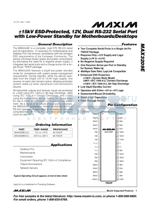 MAX3209E datasheet - a15kV ESD-Protected, 12V, Dual RS-232 Serial Port with Low-Power Standby for Motherboards/Desktops