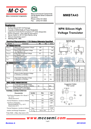 MMBTA43 datasheet - NPN Silicon High Voltage Transistor