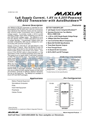 MAX3218 datasheet - 1uA Supply Current, 1.8V to 4.25V-Powered RS-232 Transceiver with AutoShutdown