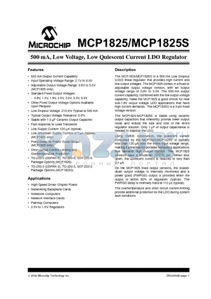 MCP1825-0802E/AB datasheet - 500 mA, Low Voltage, Low Quiescent Current LDO Regulator