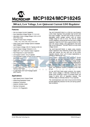 MCP1824 datasheet - 300 mA, Low Voltage, Low Quiescent Current LDO Regulator