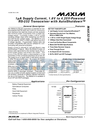 MAX3218EAP datasheet - 1uA Supply Current, 1.8V to 4.25V-Powered RS-232 Transceiver with AutoShutdown