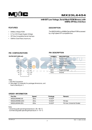 MX23L6454MC-20 datasheet - 64M-BIT Low Voltage, Serial Mask ROM Memory with 50MHz SPI Bus Interface