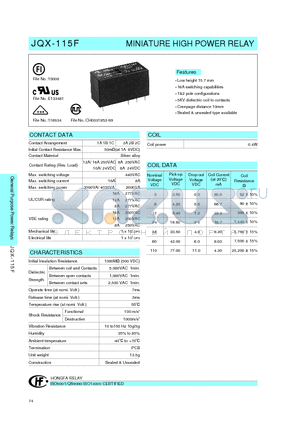 JQX-115F/0121ZS2.3 datasheet - MINIATURE HIGH POWER RELAY