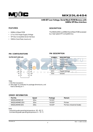 MX23L6454MI-20G datasheet - 64M-BIT Low Voltage, Serial Mask ROM Memory with 50MHz SPI Bus Interface