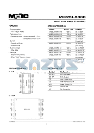 MX23L8000 datasheet - 8M-BIT MASK ROM (8 BIT OUTPUT)